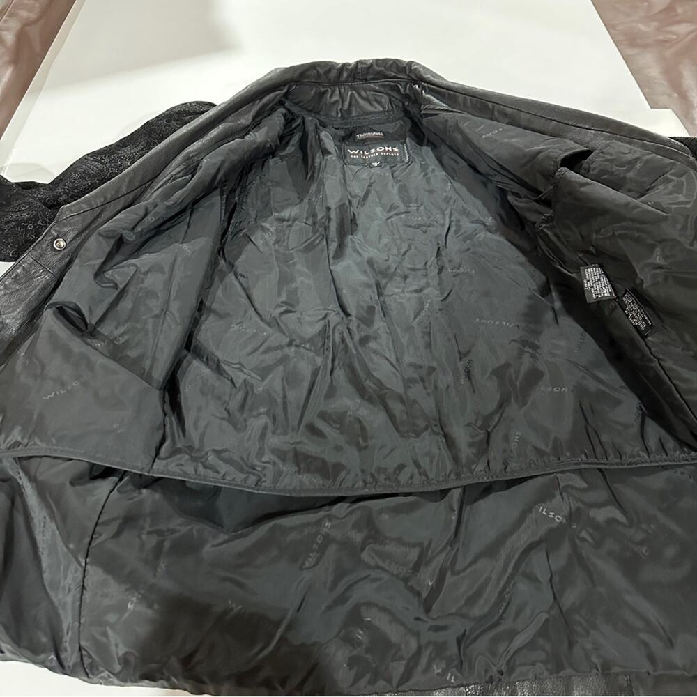 Vintage 80s Wilsons Black Leather Paisley Print Long Sleeve Coat Size M - Picture 6 of 13